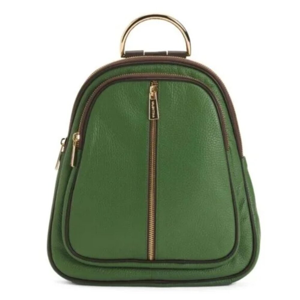 Valentina Pebbled Leather Convertible Backpack / Crossbody – Green with Tan Acce